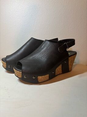 Volatile Black Cork-Accent Peep Toe Wedge Slingbacks
